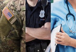 A row of images that includes an army uniform, police uniform, and doctor uniform